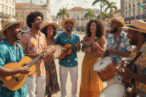 Celebração do Dia do Samba com músicos brasileiros em roda de samba representando a cultura nacional