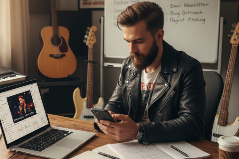 Músico utilizando estratégias de marketing para músicos em laptop e smartphone para divulgar sua carreira
