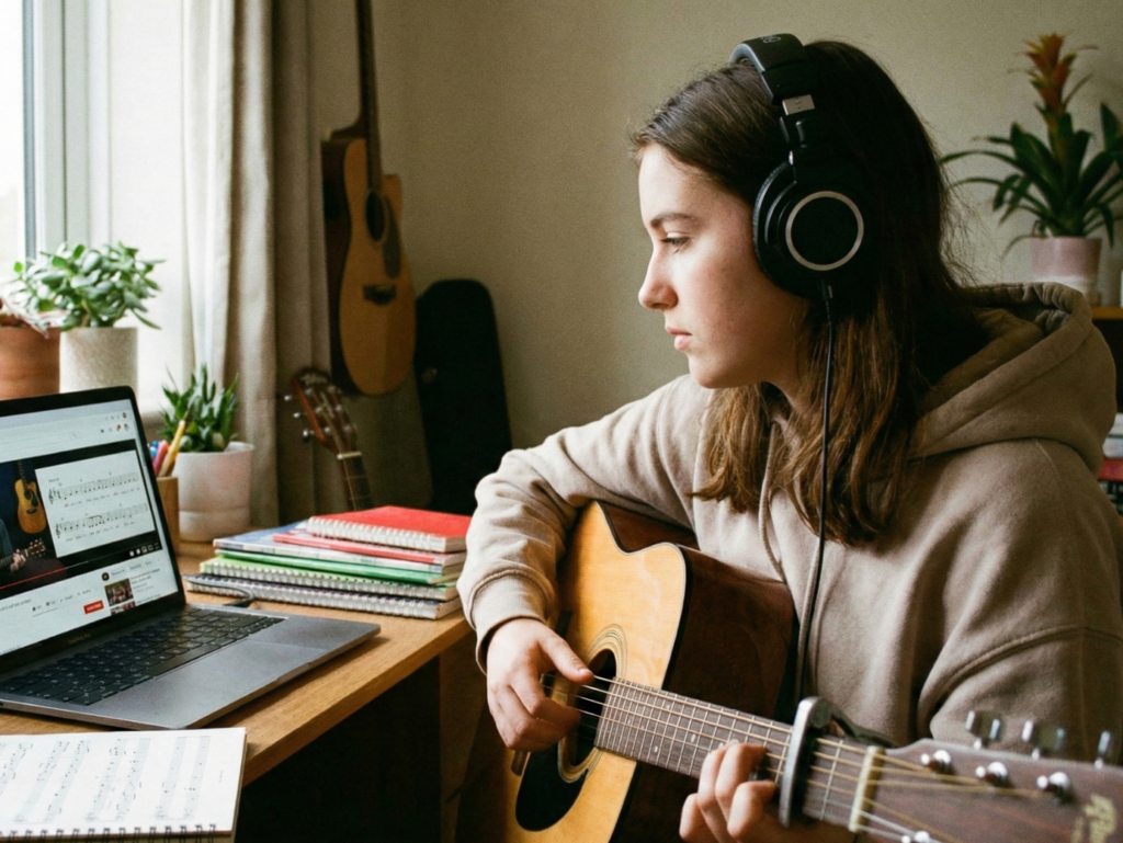 Adolescente usando notebook para aprender musica pelo YouTube com instrumento musical