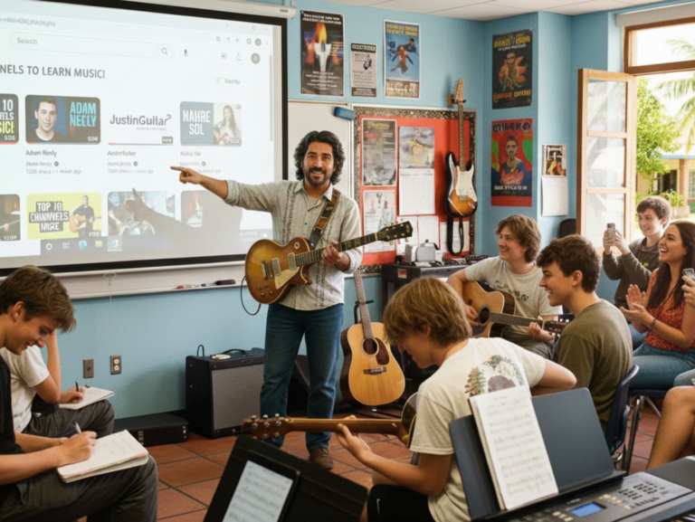 Proessor de música recomendando Top 10 canais educativos para aprender música pelo YouTube para seus alunos em sala de aula