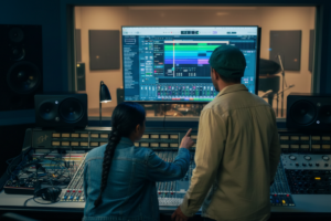 Um homem e uma garota olhado para a tela de um computador reletindo sobre o uso de inteligência artificial na música