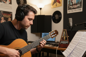 "Músico praticando precisão rítmica com metrônomo e instrumento musical"