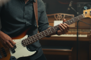 Homem tocando baixo elétrico em estudio de música